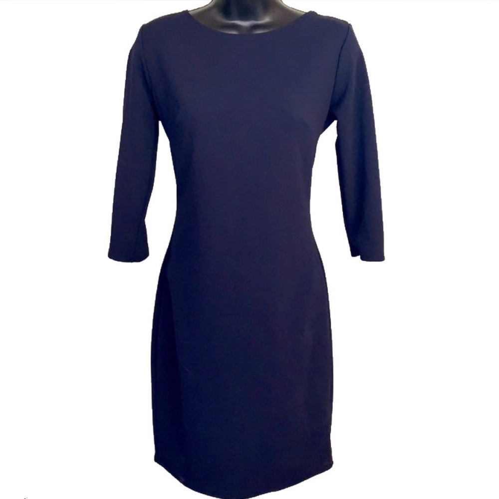 Navy blue scoop back gold zipper dress